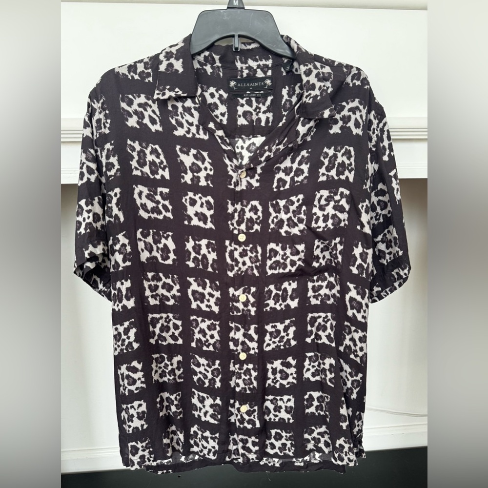 All Saints Men’s Cube Leopard Print Camp Shirt - Black